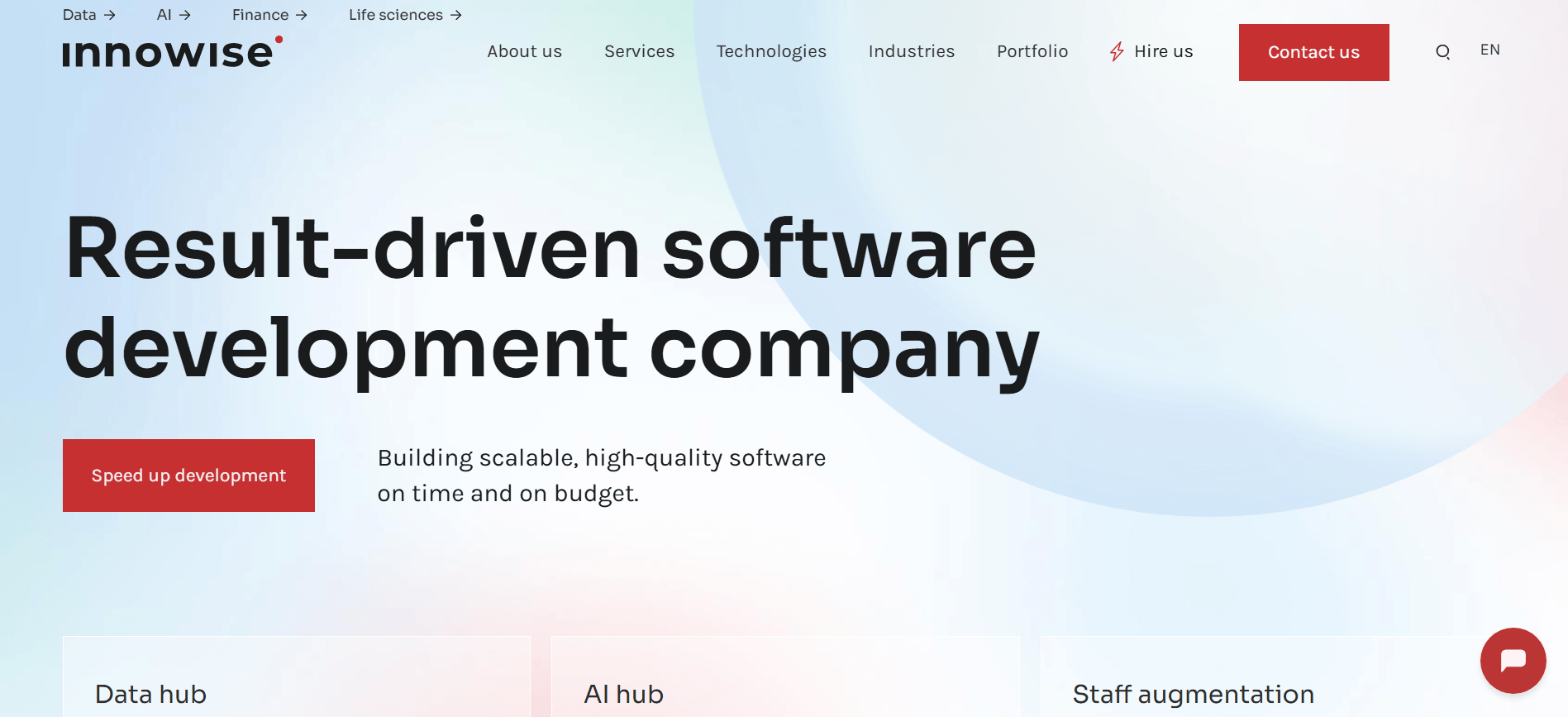 Innowise homepage hero "Result-driven software development company" with Data hub, AI hub and staff augmentation sections