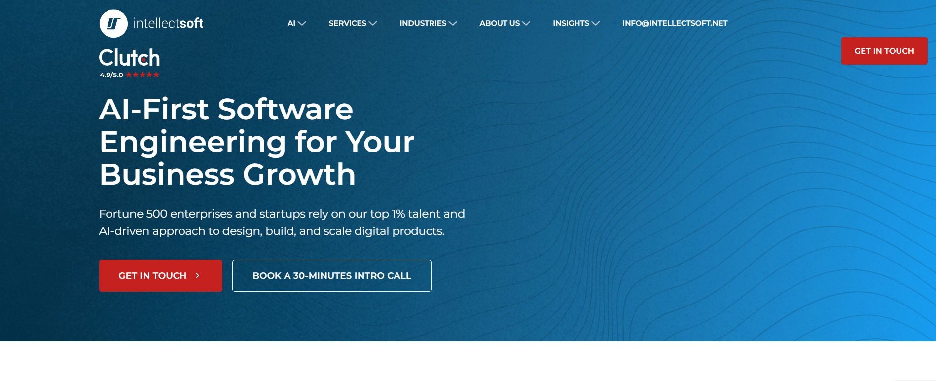 Intellectsoft homepage hero: AI-First Software Engineering for Your Business Growth, showing a 4.9/5 Clutch rating