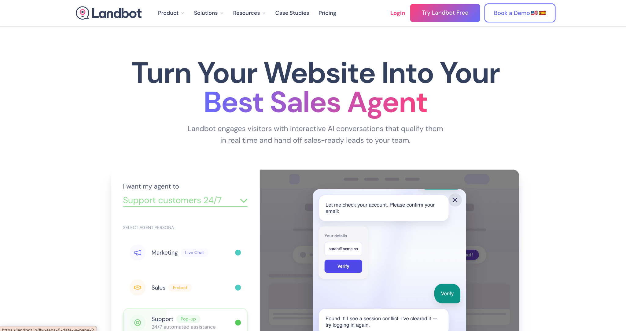 Landbot homepage hero "Turn Your Website Into Your Best Sales Agent" with an agent persona builder and chatbot conversation preview