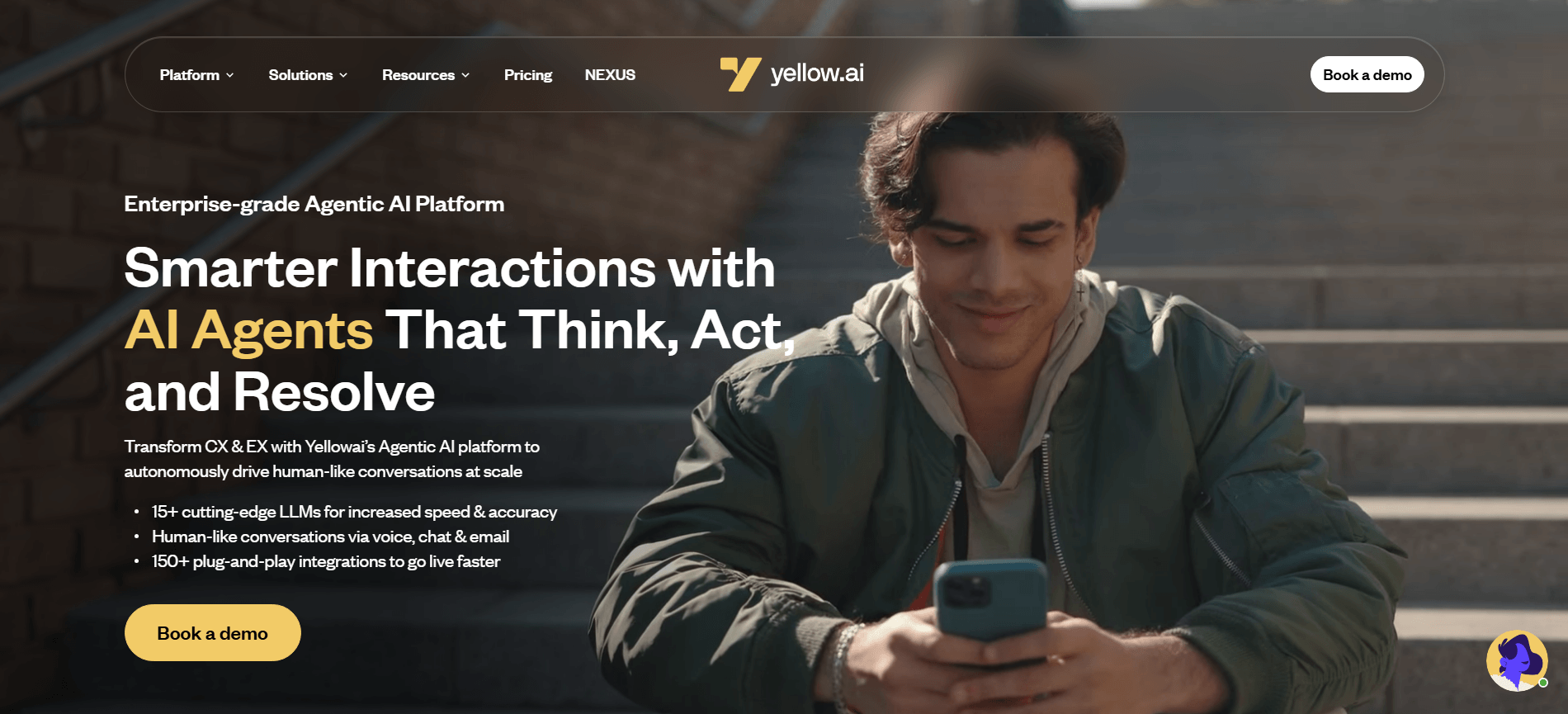 Yellow.ai homepage hero: Smarter Interactions with AI Agents That Think, Act, and Resolve, an enterprise agentic AI platform