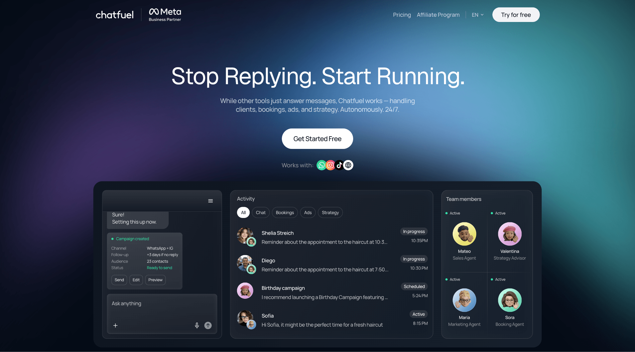 Chatfuel homepage hero "Stop Replying. Start Running." with a dashboard of AI agent activity, campaigns and team members