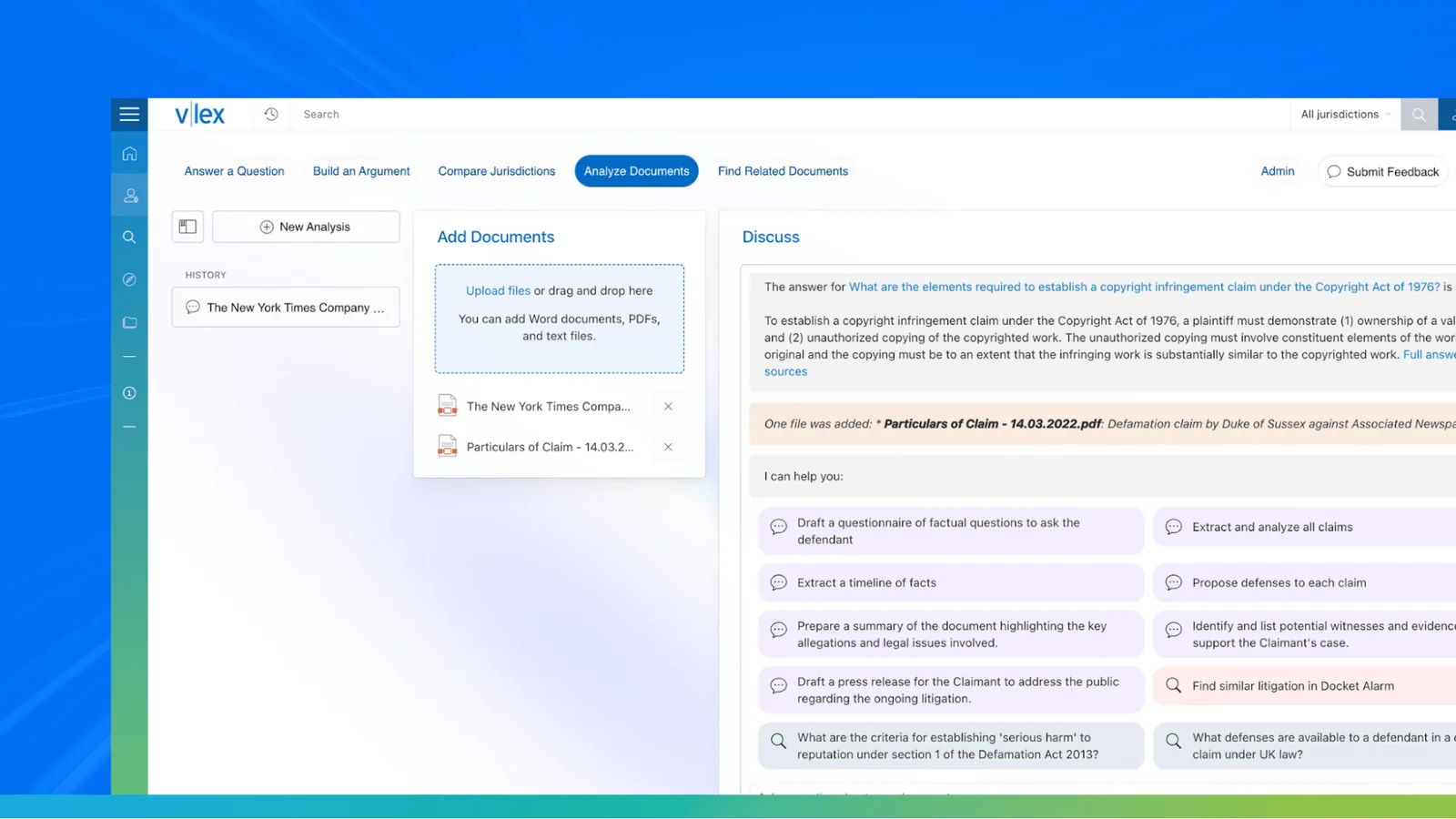 vLex Vincent AI analyzing uploaded litigation documents and suggesting drafting and claim-analysis tasks