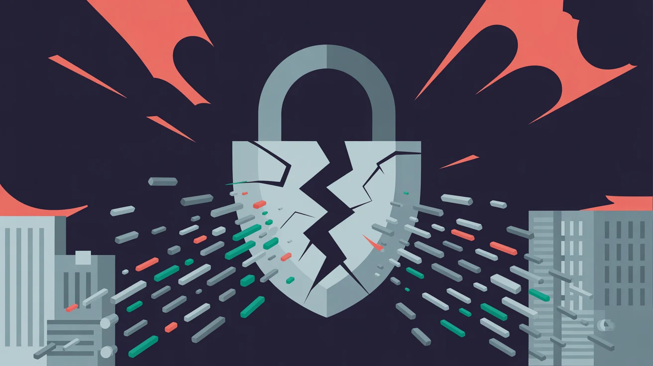 Web 2.0 privacy risks: cracked shield showing data flowing from users to centralized corporations