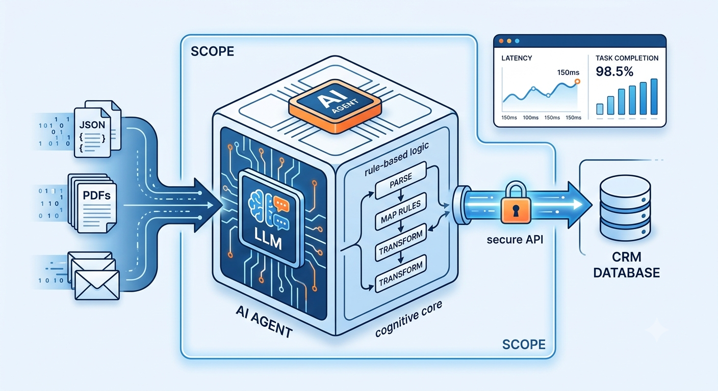 Diagram of a single AI agent — JSON, PDF and email inputs enter an LLM cognitive core (parse, map, transform) and pass through a secure API to a CRM database.
