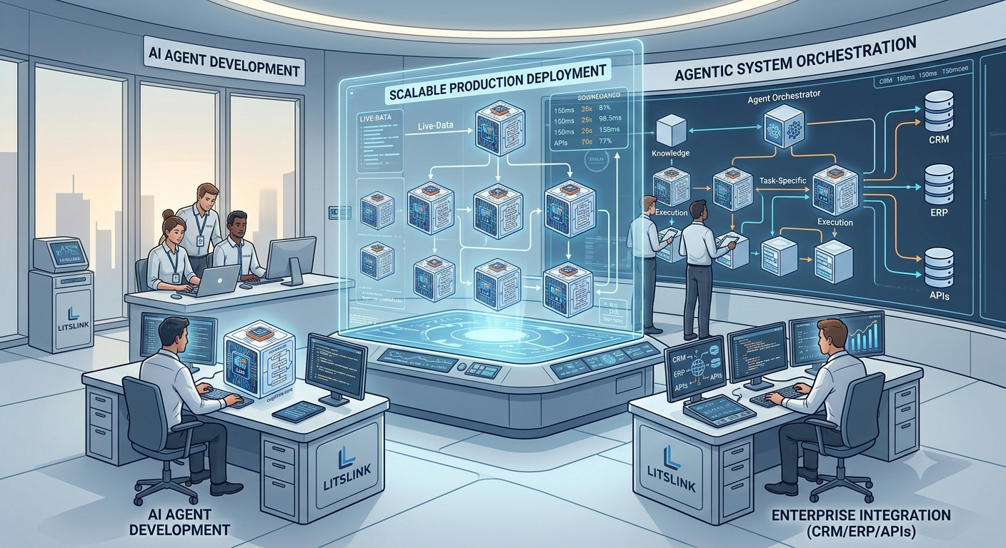 Illustration contrasting AI-agent development with agentic orchestration — a deployment pipeline and an orchestrator routing tasks to CRM, ERP and APIs.