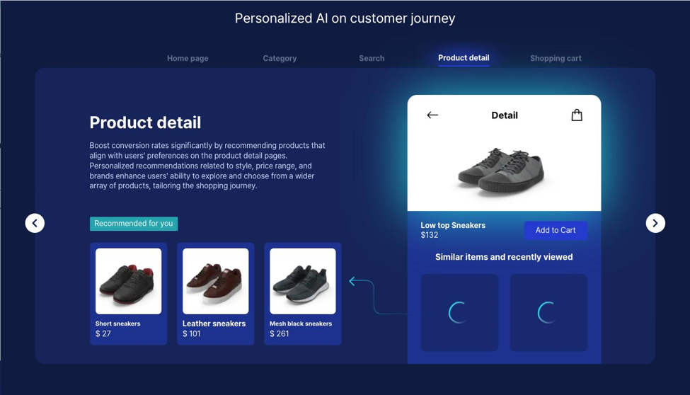 An e-commerce app mockup personalizing the customer journey — a sneaker product page with 'Recommended for you' items.