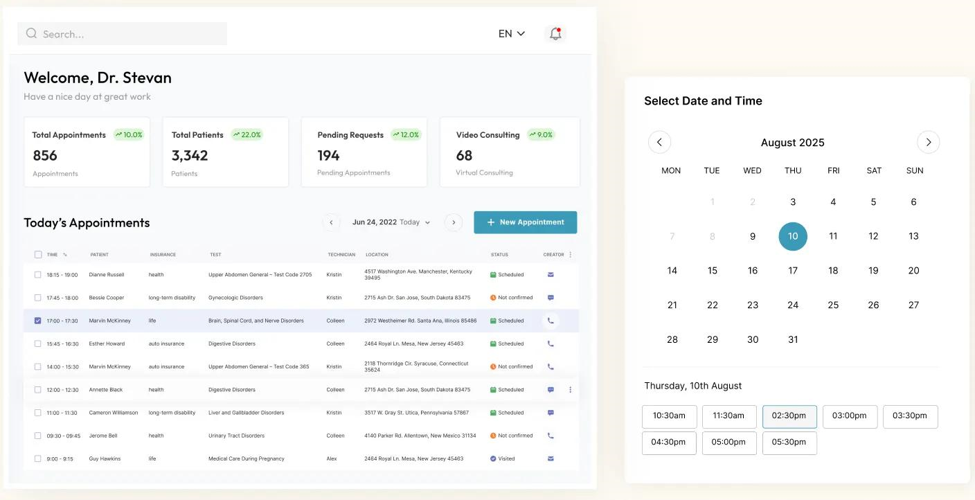 A healthcare appointment dashboard 'Welcome, Dr. Stevan' with appointment stats, a schedule table and a date-time picker.