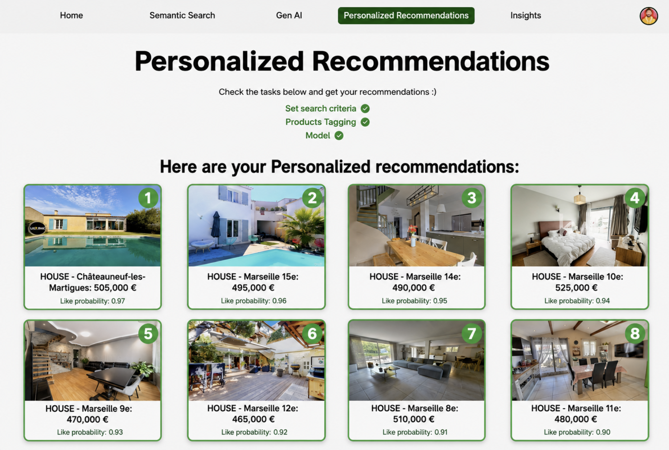 A real-estate app showing personalized house recommendations in Marseille with prices and like-probability scores.