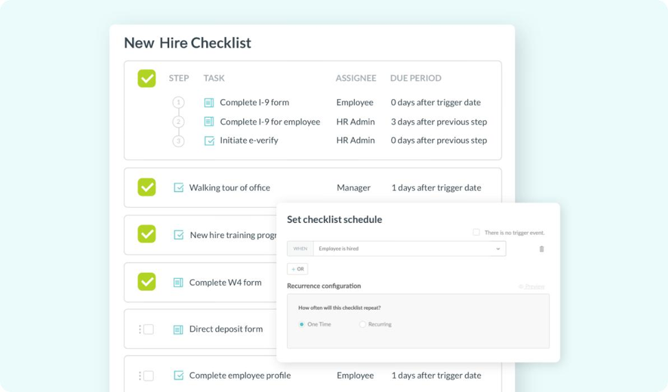 A 'New Hire Checklist' onboarding tool listing I-9, e-verify, training and form tasks with assignees and a schedule panel.