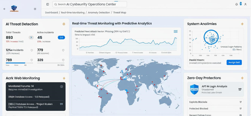 An AI cybersecurity operations center with threat-detection stats, real-time monitoring, a world threat map and zero-day protections.
