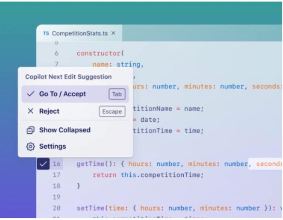 A TypeScript code editor with a Copilot 'Next Edit Suggestion' popup offering to accept or reject an AI code change.