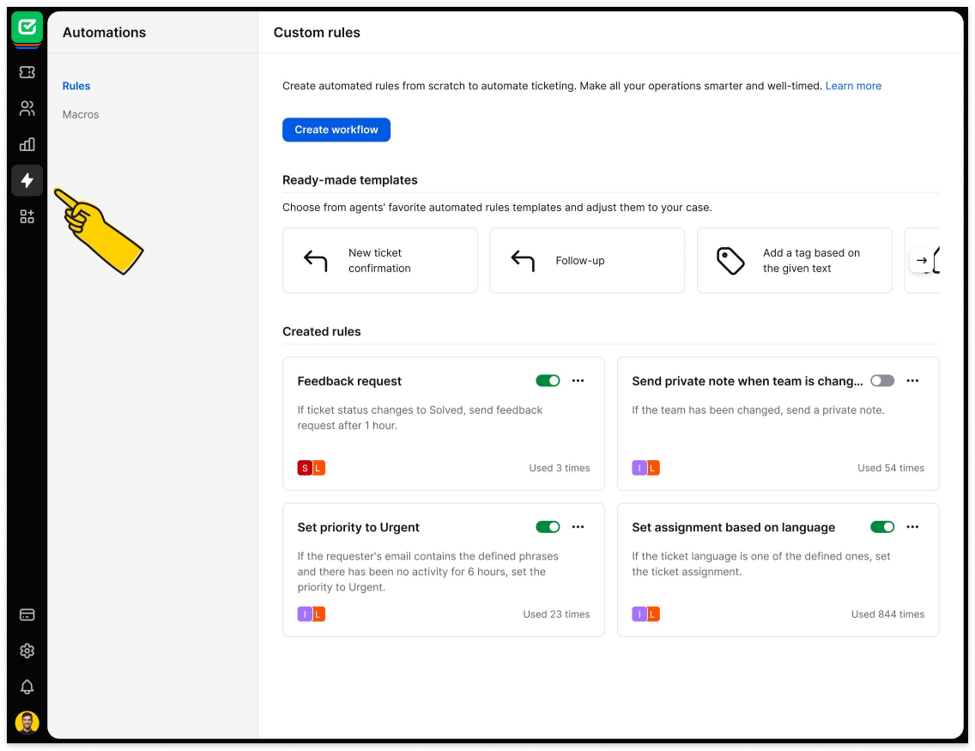 A help-desk automation screen with ready-made rule templates and custom rules like feedback requests and priority setting.