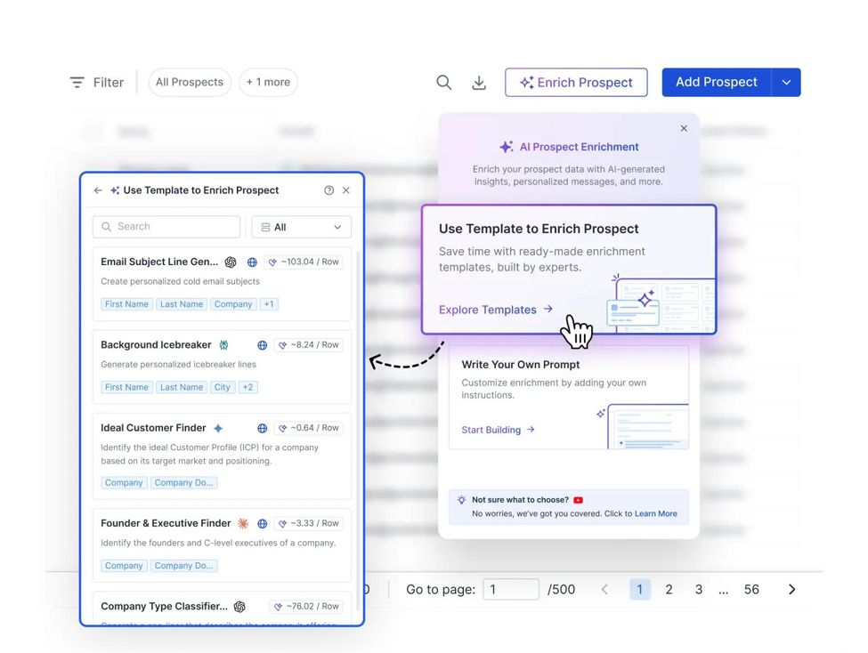 An AI sales-prospecting tool showing a 'Use Template to Enrich Prospect' panel with enrichment templates for cold outreach.