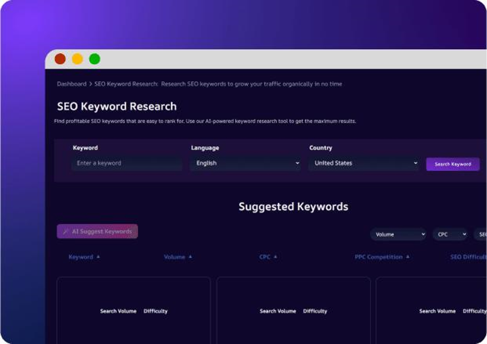 An AI SEO keyword-research tool with keyword, language and country inputs above a suggested-keywords table.