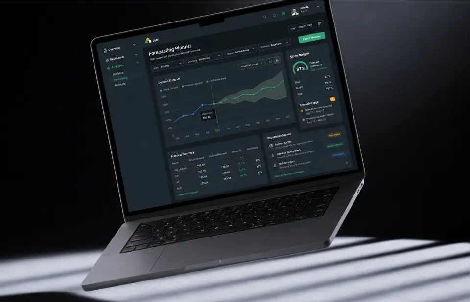 Forecasting planner on a laptop: a demand-forecast chart with confidence band, model insights, anomaly flags, and recommendations
