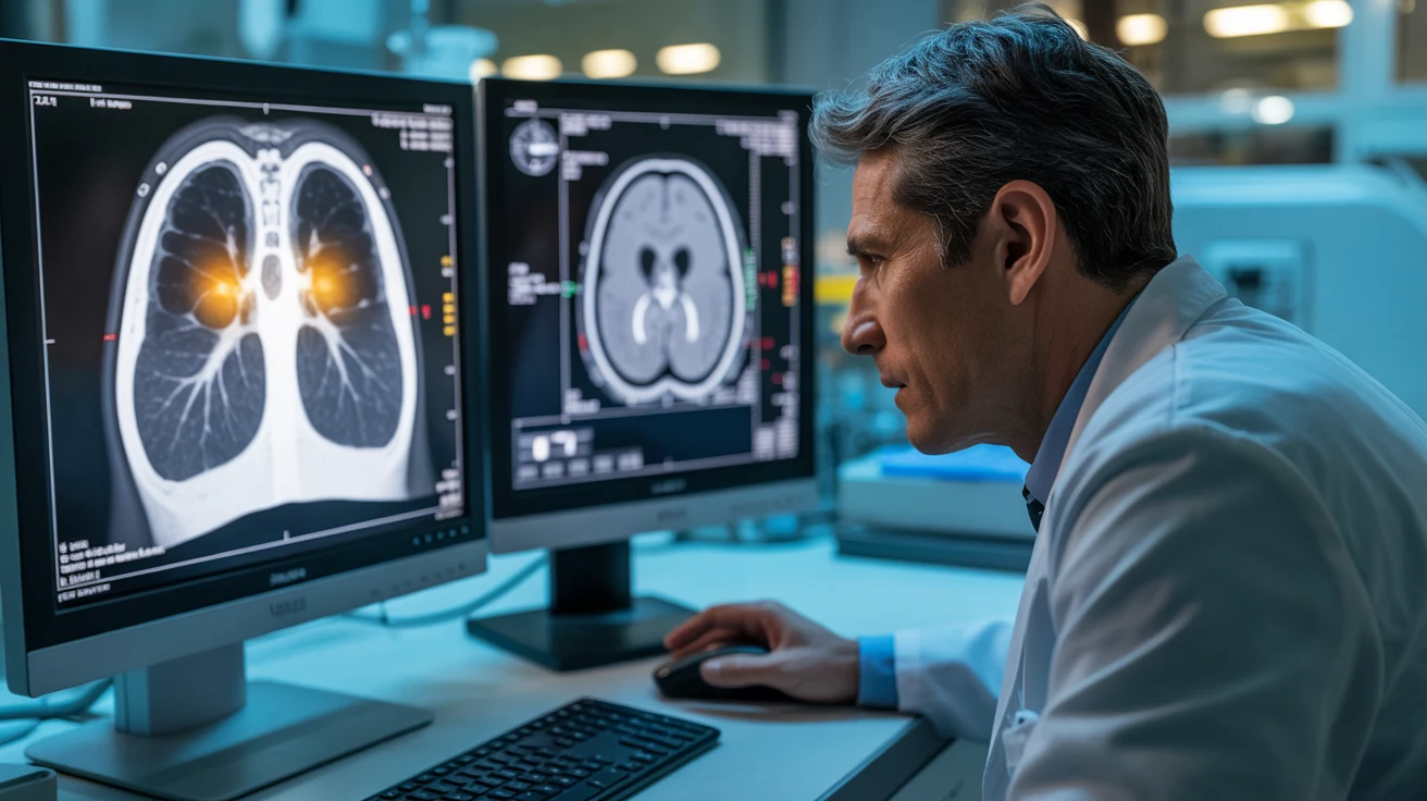 Radiologist reviews AI-enhanced MRI and CT scans with nodule overlays — AI in healthcare for cancer detection