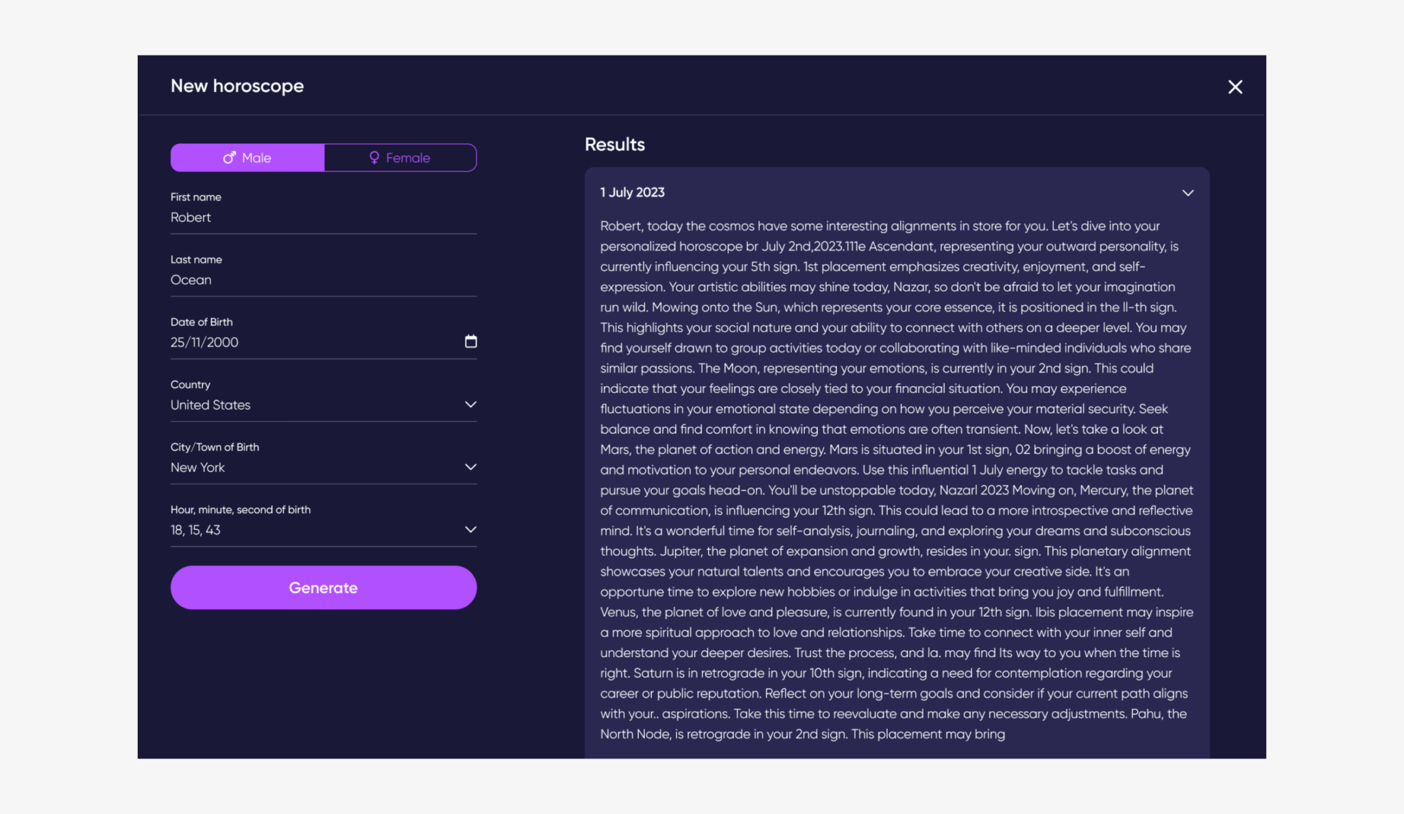 New horoscope modal with the birth details form on the left, a purple Generate button, and an expanded dated reading in the Results panel on the right