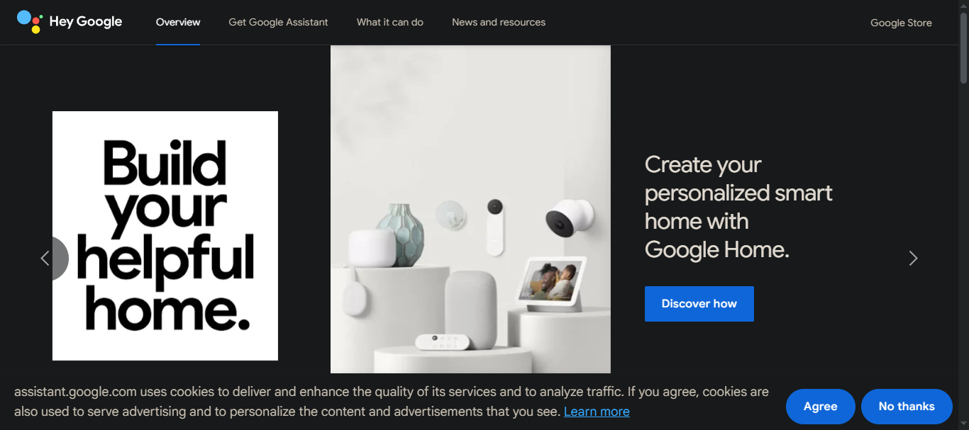 The Google Assistant 'Hey Google' page — 'Build your helpful home' — showing smart-home devices.