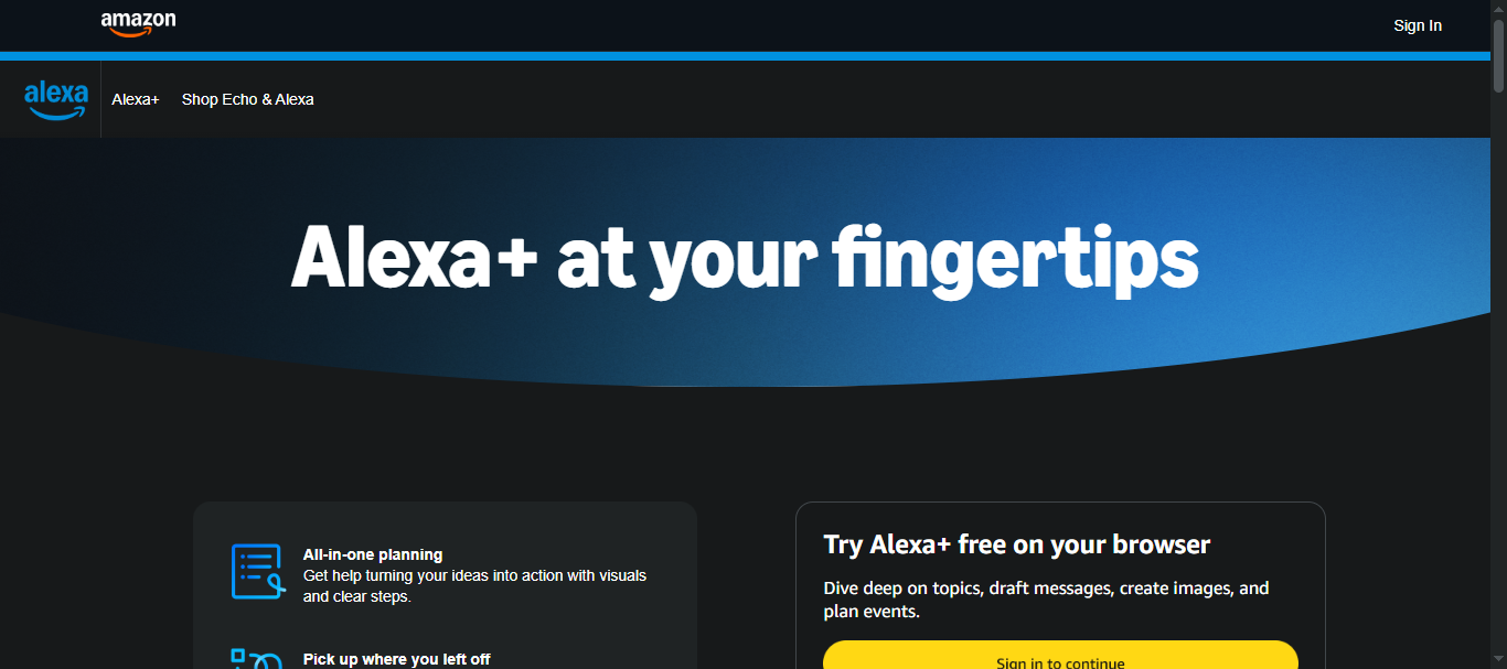 Amazon's 'Alexa+ at your fingertips' page promoting all-in-one planning in the browser.