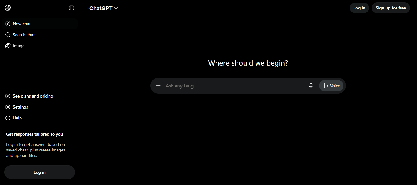 The ChatGPT chat interface with a 'Where should we begin?' prompt and an ask-anything message box.
