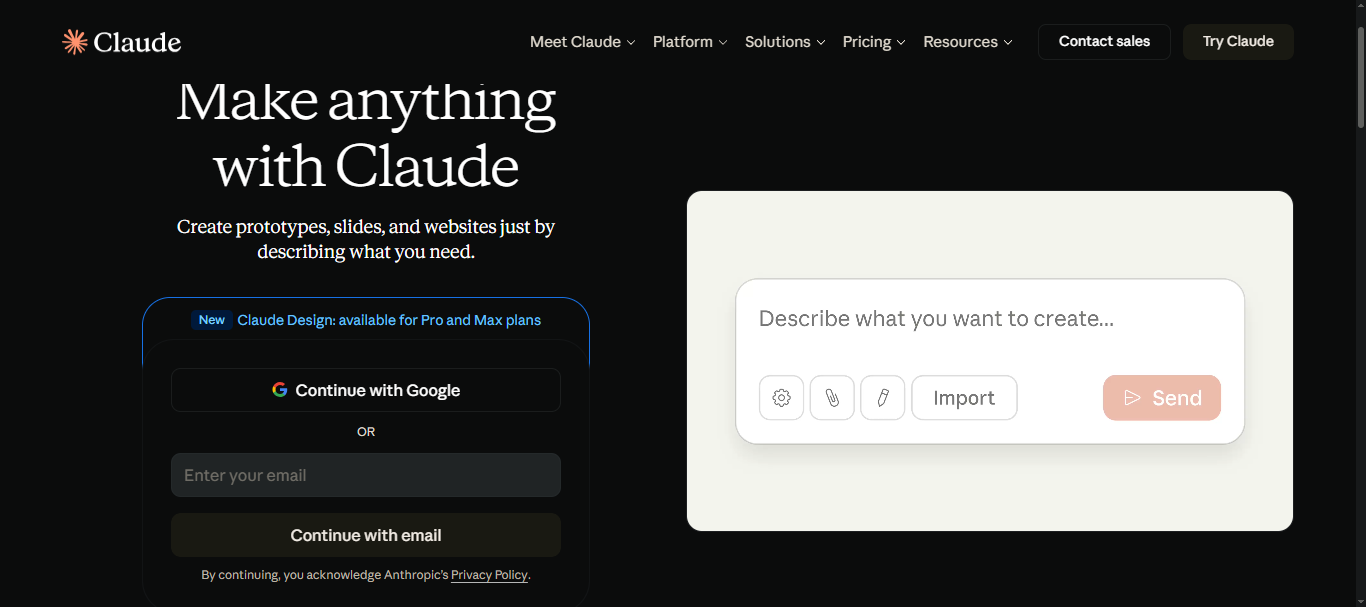 Claude's homepage headlined 'Make anything with Claude' with a box to describe what you want to create.