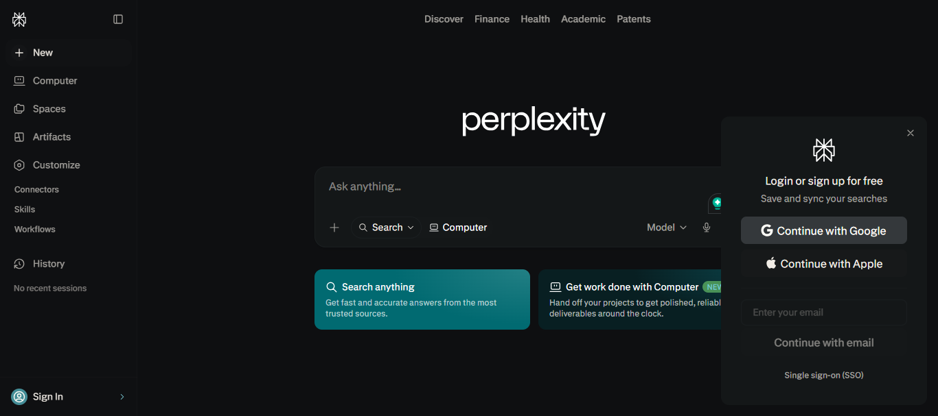 The Perplexity interface with an ask-anything search box and a login panel to sign up.