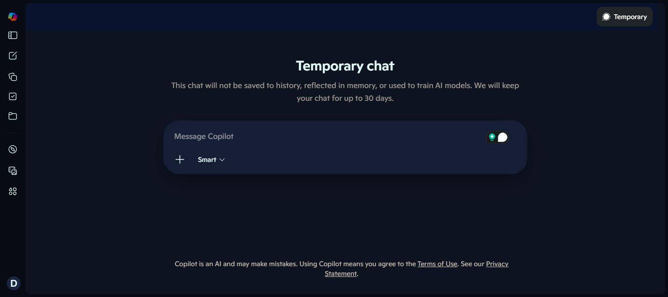 Microsoft Copilot's 'Temporary chat' screen with a Message Copilot input box in Smart mode.