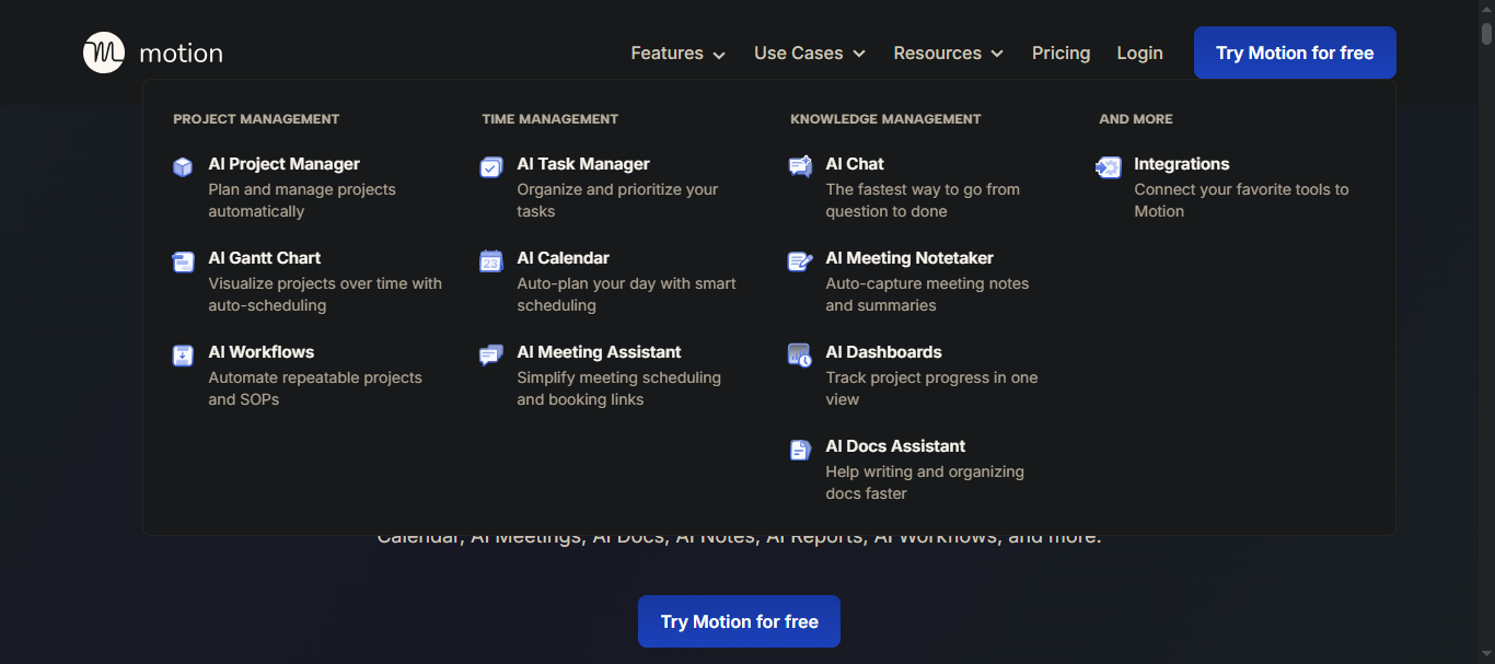 Motion's product menu listing AI tools for project, task, calendar and meeting management.