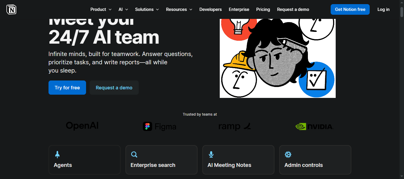 Notion AI homepage — 'Meet your 24/7 AI team' — with logos of teams like OpenAI, Figma and Nvidia.