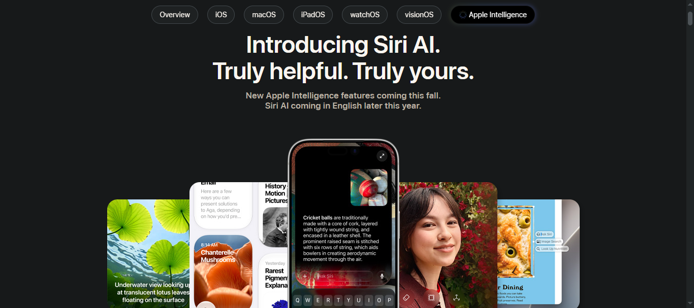Apple's 'Introducing Siri AI' page with an iPhone showing Siri answering a question via Apple Intelligence.