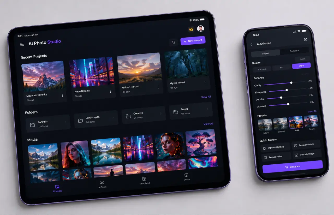 AI Photo Studio on iPad and iPhone: a recent-projects dashboard with folders and media, and an AI Enhance panel with clarity, sharpness and preset controls