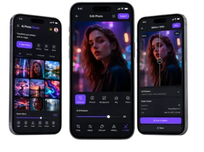 AI Photo Studio app on three iPhones: an AI effects gallery, a live photo edit with an AI Enhance slider, and a before/after comparison view
