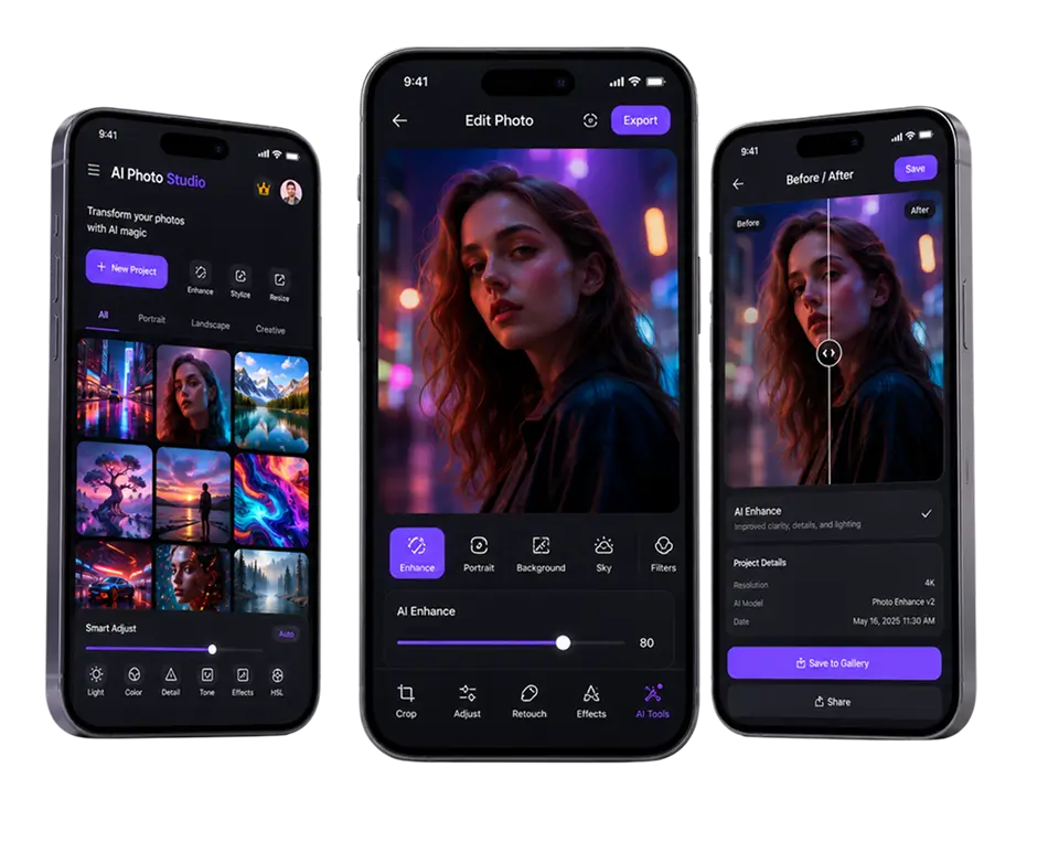 AI Photo Studio app on three iPhones: an AI effects gallery, a live photo edit with an AI Enhance slider, and a before/after comparison view