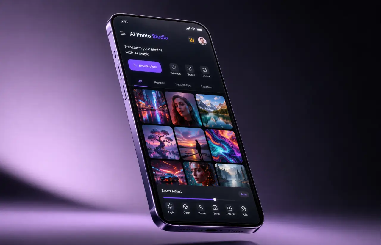 AI Photo Studio home screen on an iPhone with an AI effects gallery and Smart Adjust light, color and detail controls