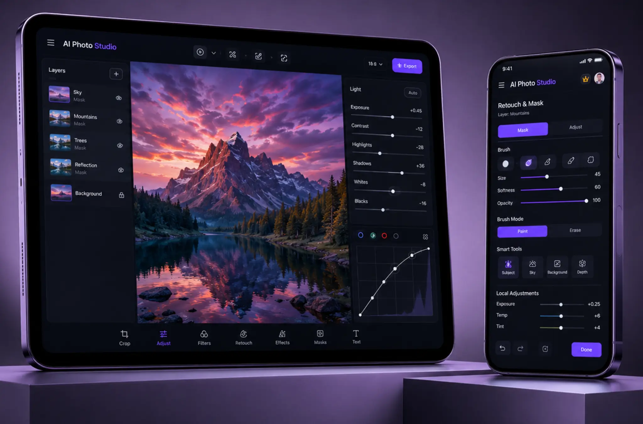 AI Photo Studio layer-based editing on iPad with masks and light adjustments, and a retouch & mask brush panel on iPhone