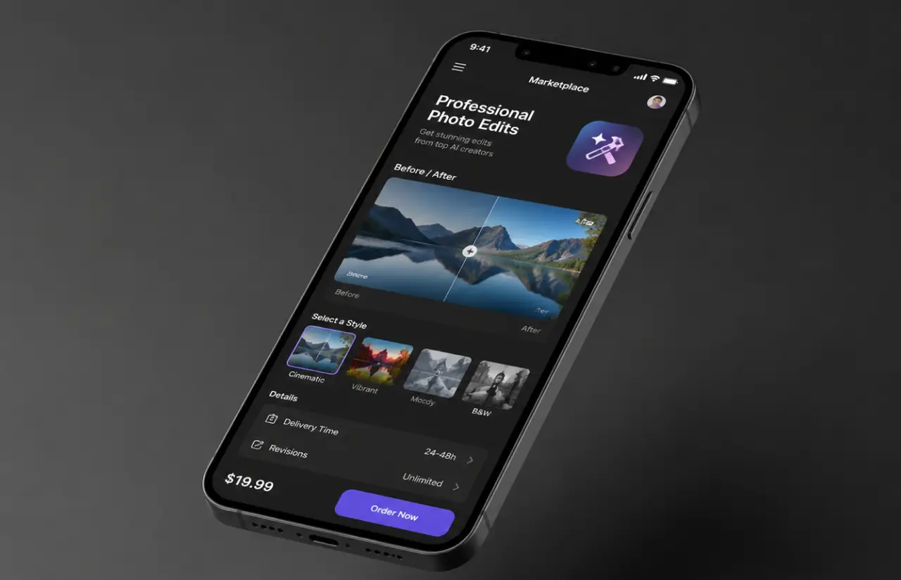 AI Photo Studio marketplace screen — Professional Photo Edits with a before/after preview, style options, delivery time and an Order Now button