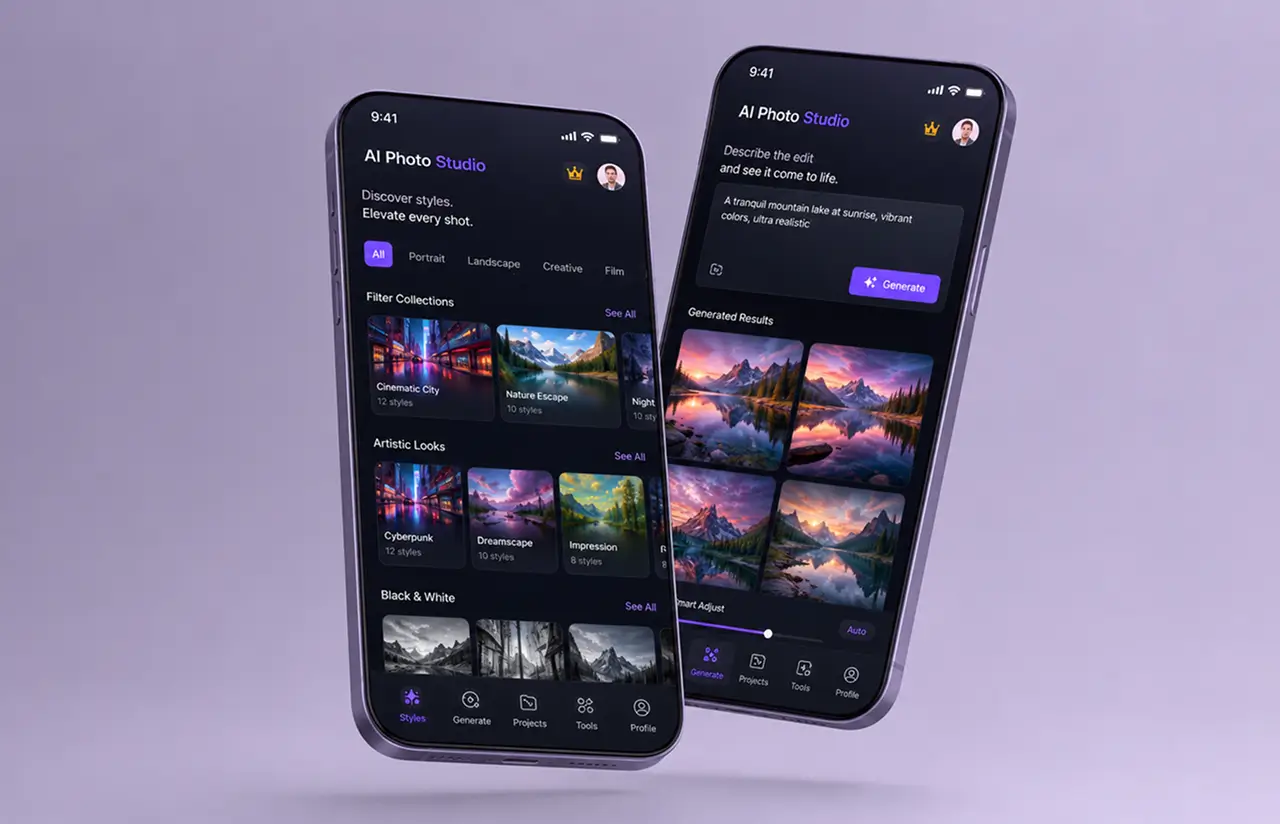Two iPhones showing the AI Photo Studio style gallery with filter collections and a text-to-image generation screen with results