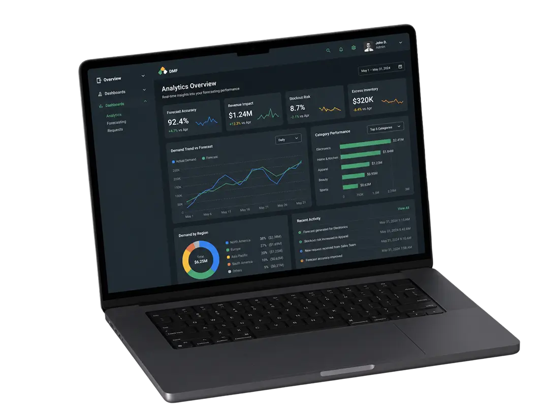 AI sales forecasting dashboard on a laptop: forecast accuracy 92.4%, revenue impact, and a demand-vs-forecast chart