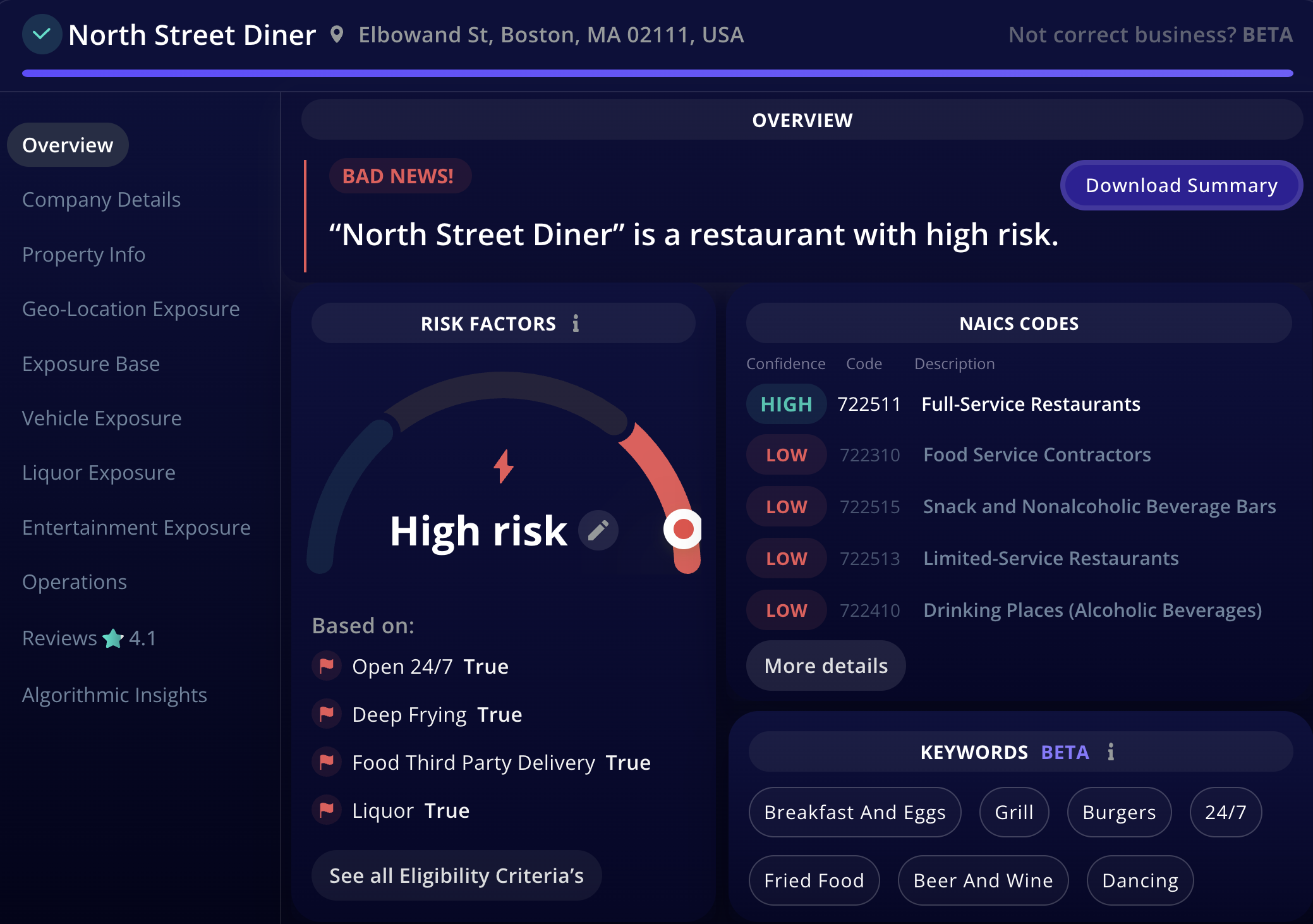 Planck AI risk report for a sample restaurant showing a High-risk score, listed risk factors and confidence-ranked NAICS industry codes.