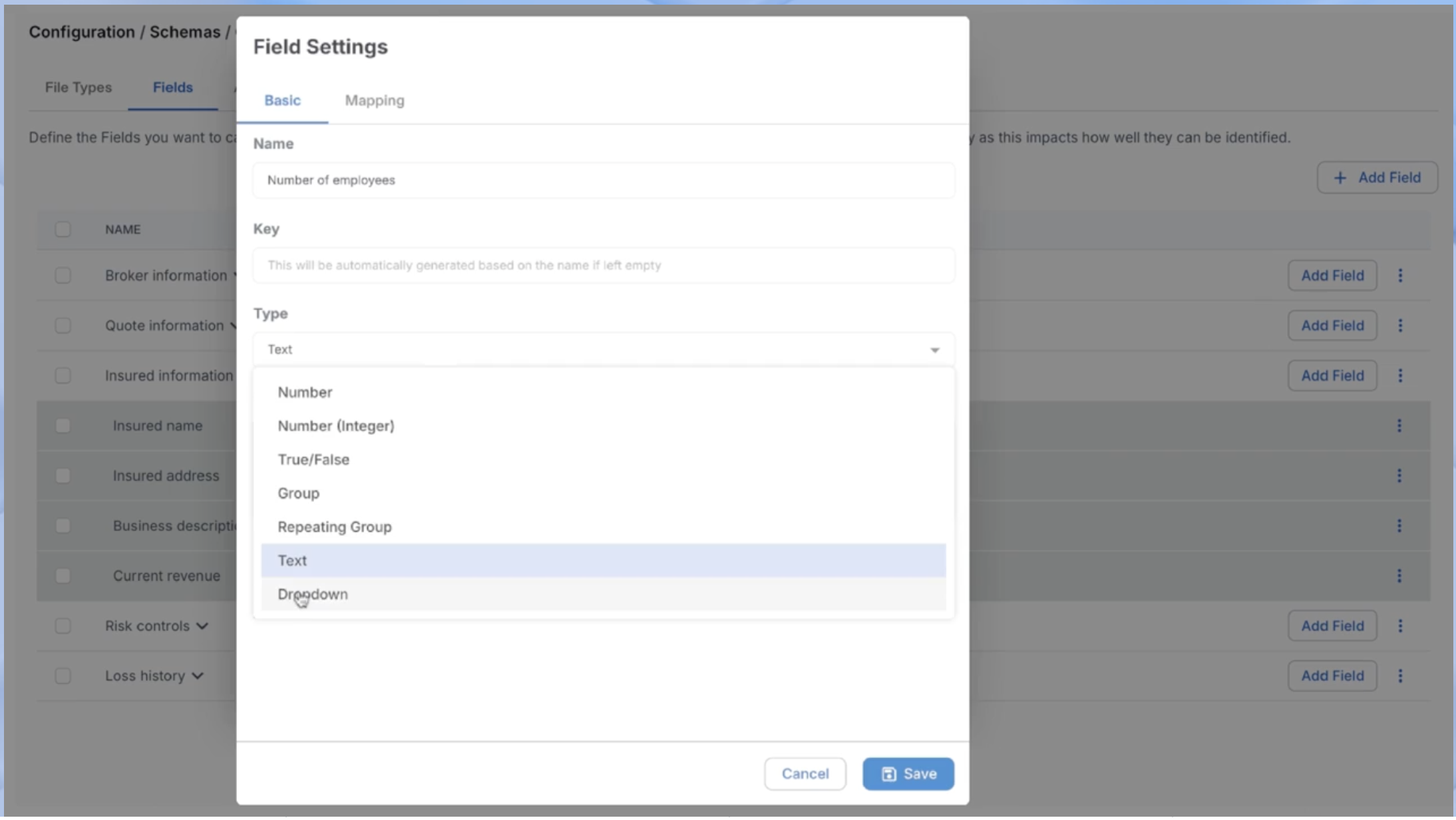 Cytora schema configuration — a Field Settings dialog defining insurance submission fields with a data-type dropdown open.