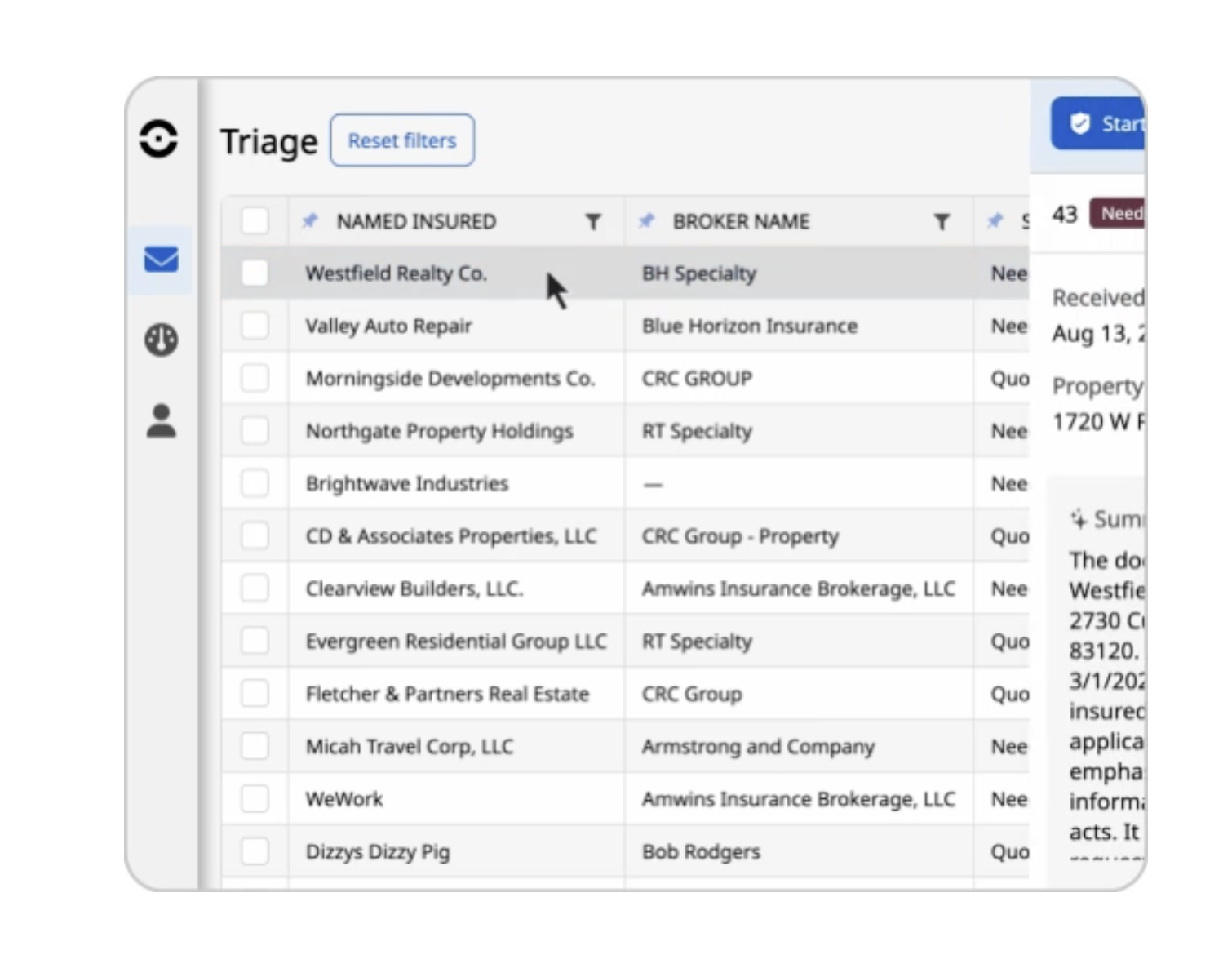 Indico Data submission triage inbox listing named insureds and broker names with status filters for intake processing.