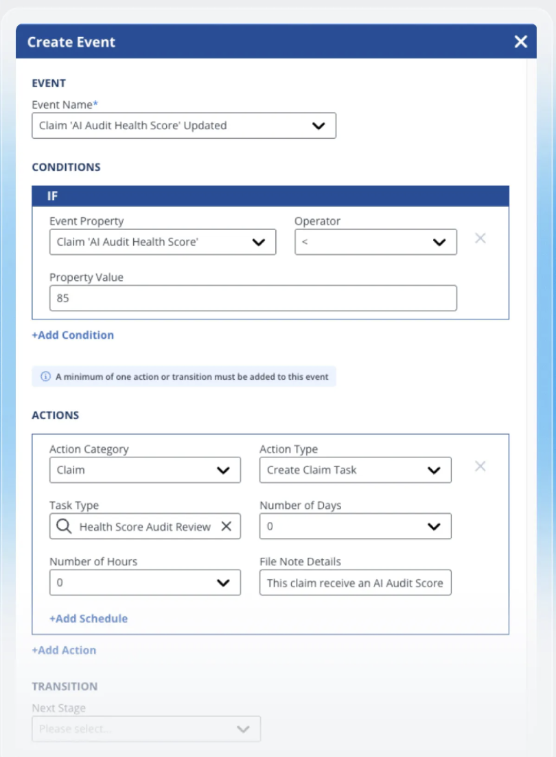Snapsheet claims-automation rule builder — a Create Event dialog with an IF condition and a Create Claim Task action.