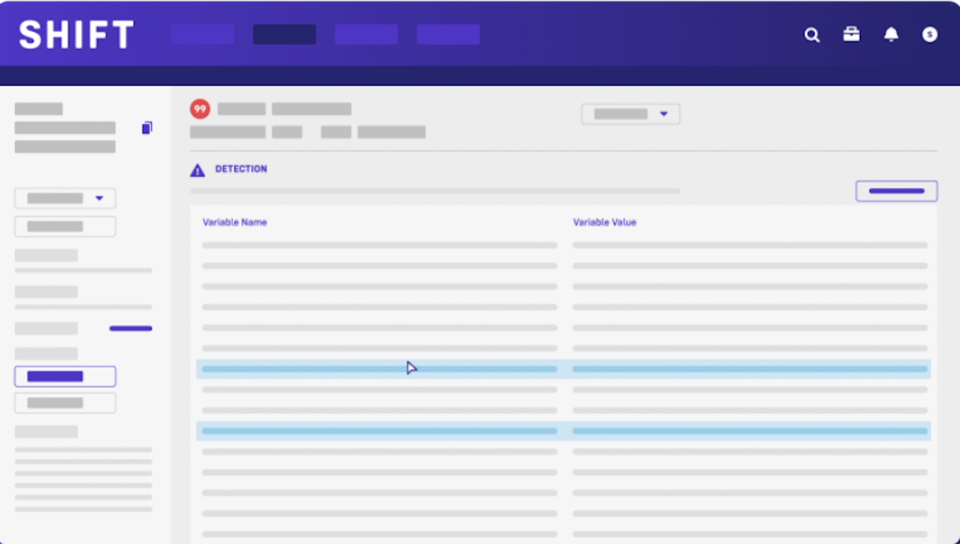Shift Technology fraud-detection screen with a Detection panel comparing variable names and values (interface stylized).
