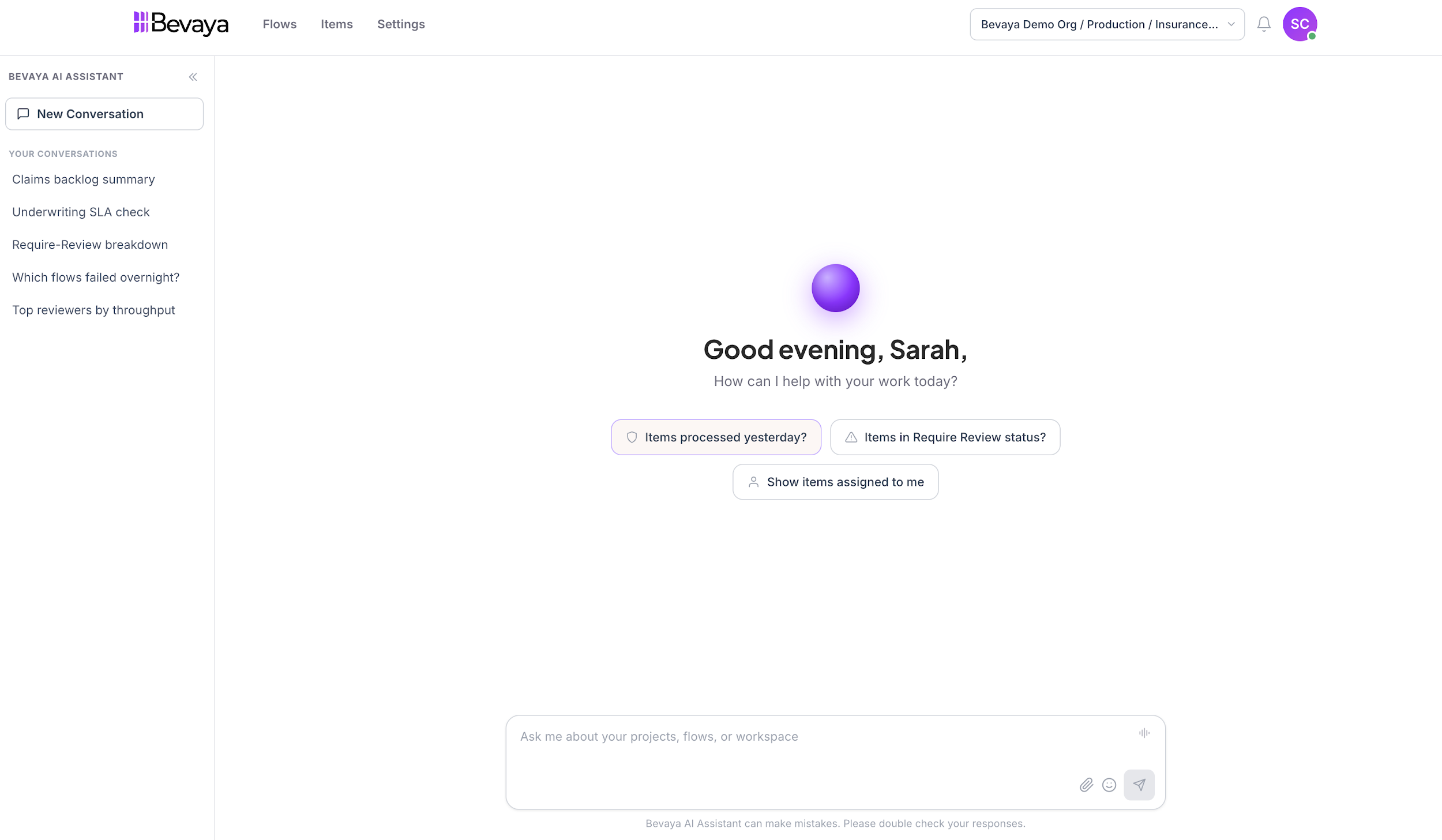 An insurance-workflow AI assistant chat greeting 'Good evening, Sarah' with quick prompts about processed and review-status items.