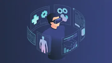 Person using VR headset with holographic panels for healthcare, finance, and manufacturing — AI in learning across industries