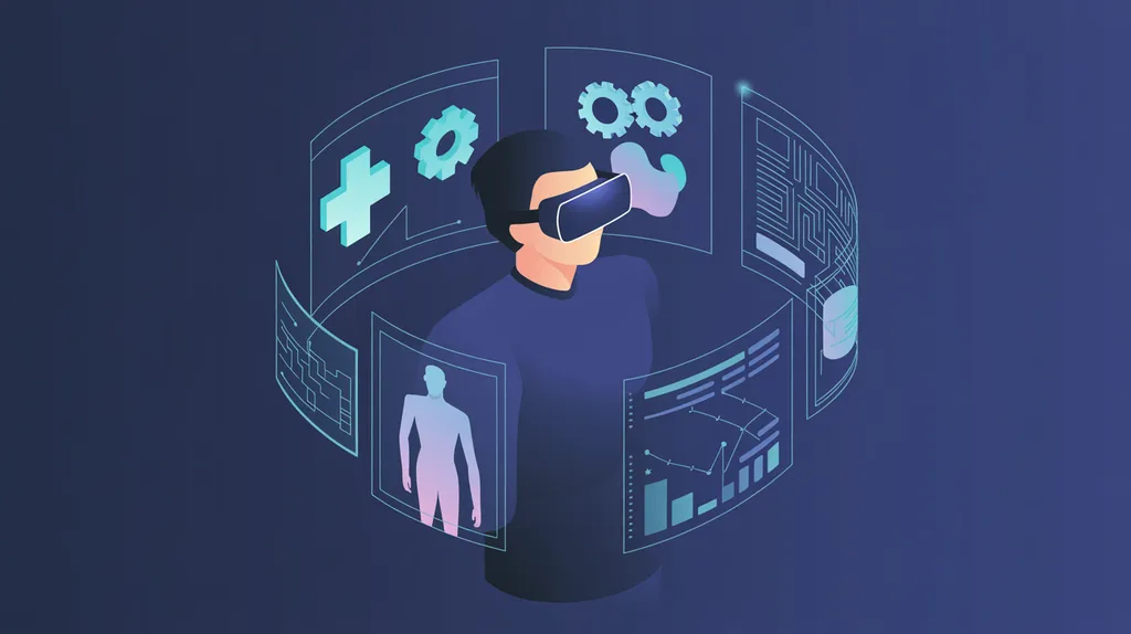 Person using VR headset with holographic panels for healthcare, finance, and manufacturing — AI in learning across industries