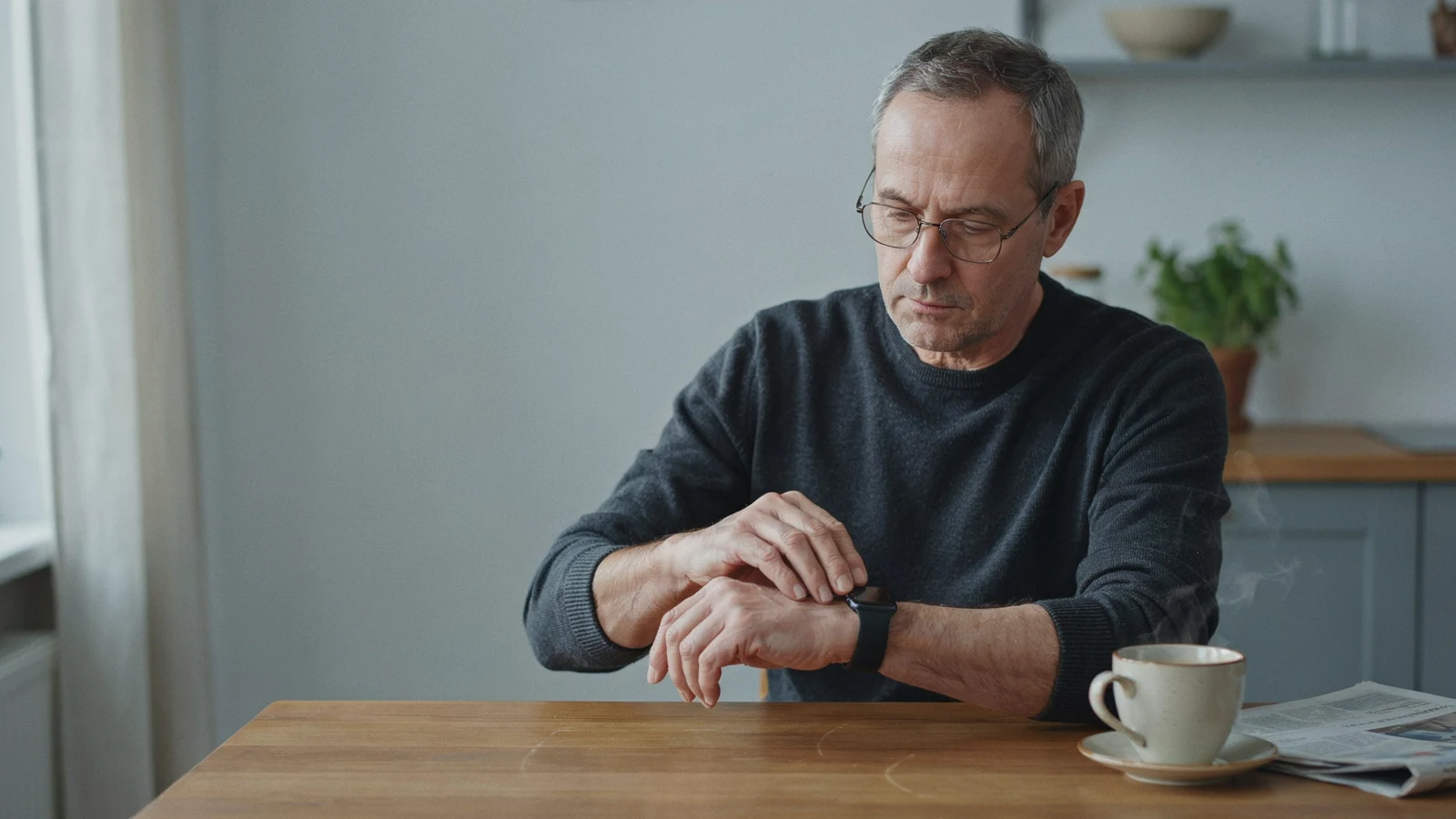Older man checking his smartwatch heart data at a kitchen table, artificial intelligence in our daily lives