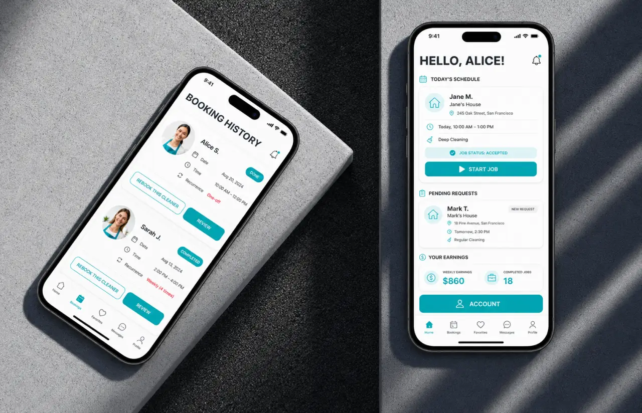 Two phones showing booking history with rebook and review actions, and the cleaner's schedule with today's job, pending requests and weekly earnings