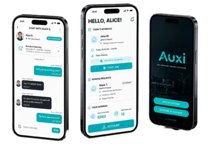Three phones showing the cleaning app: in-app chat with the cleaner, the cleaner's daily schedule with today's job, pending requests and $860 weekly earnings, and the sign-up screen offering to register as a user or as a cleaner