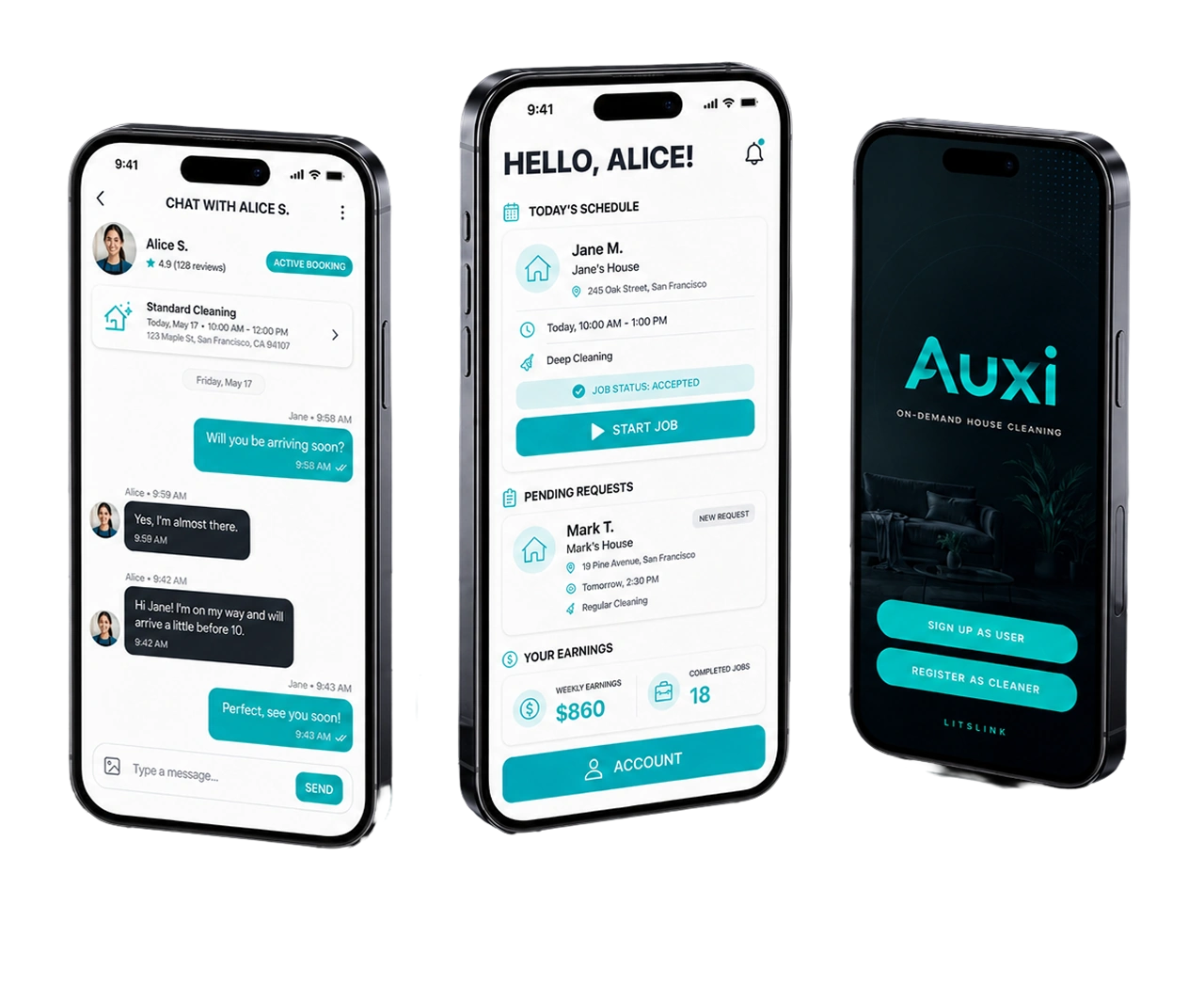 Three phones showing the cleaning app: in-app chat with the cleaner, the cleaner's daily schedule with today's job, pending requests and $860 weekly earnings, and the sign-up screen offering to register as a user or as a cleaner